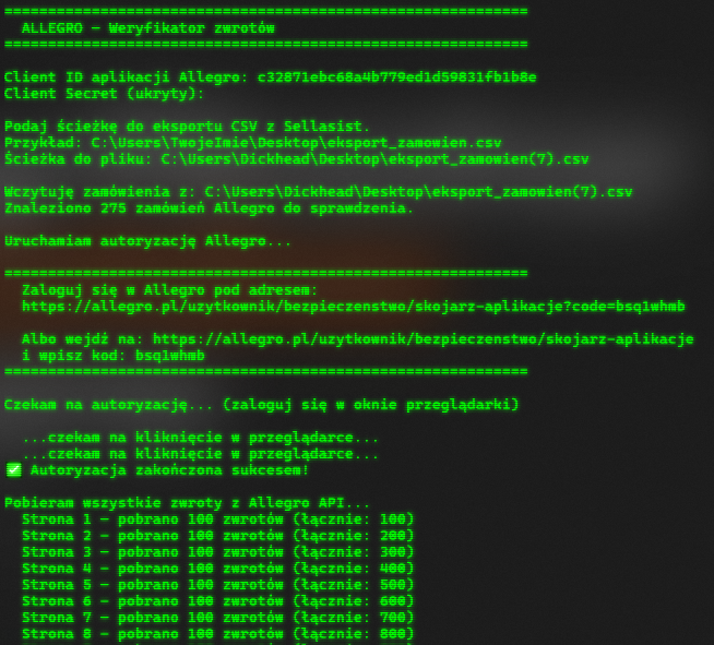 Podgląd działania skryptu — terminal z postępem pobierania zwrotów